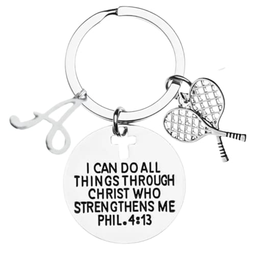 Personalized Tennis Charm Keychain, Christian Faith Charm Keychain, I Can Do All Things Through Christ Who Strengthens Me Phil. 4:13 Scripture Jewelry, Tennis Gifts For Women and Girls