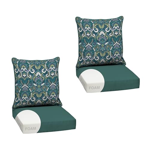 Image of Arden Outdoor Foam Deep Seat Cushion Set, 2-Pack, 24x24, Premium High-Density Foam, Never Flattens, Weather-Proof for Patio Chair Sofa Couch, Sapphire Aurora Blue Damask