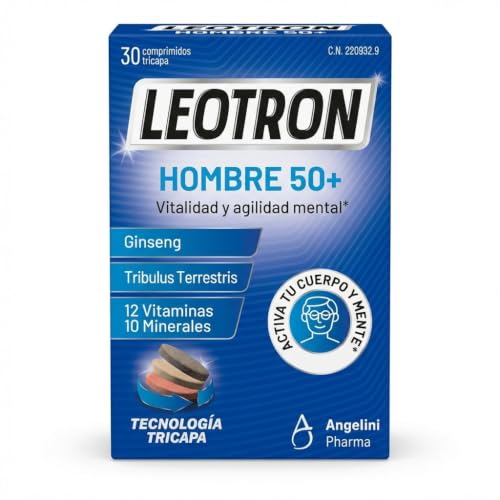 Leotron Hombre 50+ - Complemento alimenticio con Ginseng, Tribulus terrestris, 12 vitaminas y 10 minerales - Sin gluten, sin lactosa, sin azúcares añadidos - 30 comprimidos tricapa