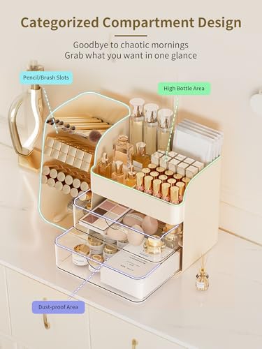 Image of Booklov Small Makeup Organizer for Vanity and Bathroom Countertop, Cream | Clear Acrylic Cosmetic Display Case, Beauty Brush Holder for Dresser Counter Skincare Eyeshadow Lipstick Perfume Storage
