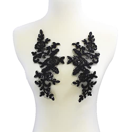 Sunmove Pair Of Embroidery Sequin Lace Applique Sewing Flower Fabric Collar Patch Motif Wedding Gown Dress Bridal Diy Crafts(Black) #TOP4