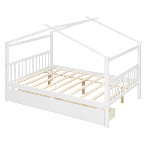 Image of Full Size House Platform Bed with Roof and 2 Drawers, Solid Wood House Daybed Frame with Headboard and Slat Support for Kids Teens Girls Boys Bedroom, Can Be Decorated (White-03, Full)