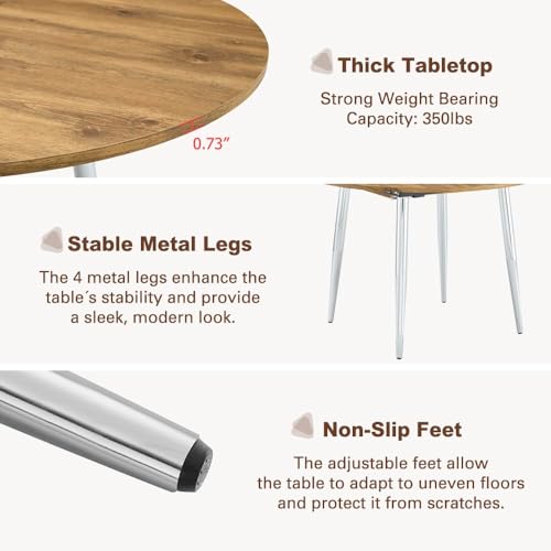 Image of FURNITO Modern Dining Table Set for 4, 42 inch-54 inch Extendable Round to Oval Dining Table, Kitchen & Dining Room Set with Wood Grain Top and 4 Fabric Upholstered Chairs, Space-Saving, Easy Assembly