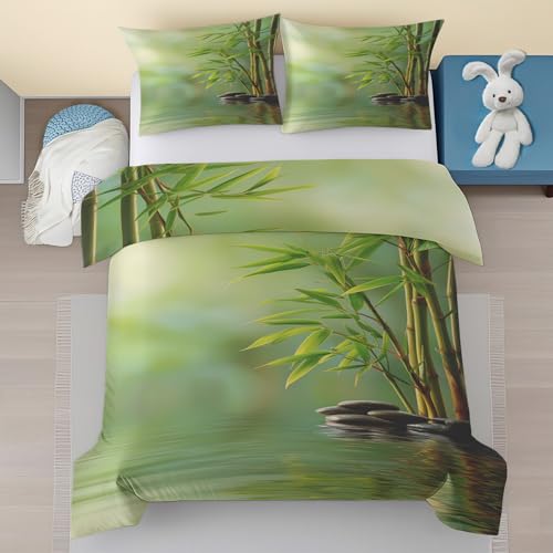 Bambou Vert Housse de Couette 90x190 Enfant, Motif Pierre Zen Microfibre Parure de Lit 1 Personne - Spa Méditation Nature Parure de Couette avec Fermeture...