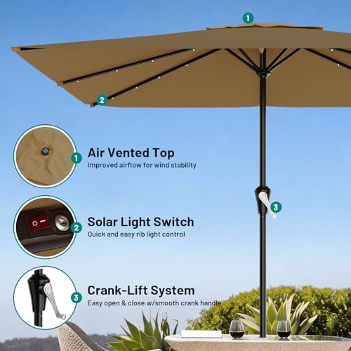 Image of AreShark 8' X 10' Rectangular Patio Umbrella with Solar Lights, Lighted Solar Umbrella with Crank, Outdoor Table Umbrella for Garden, Deck, Backyard, Pool and Beach, Khaki
