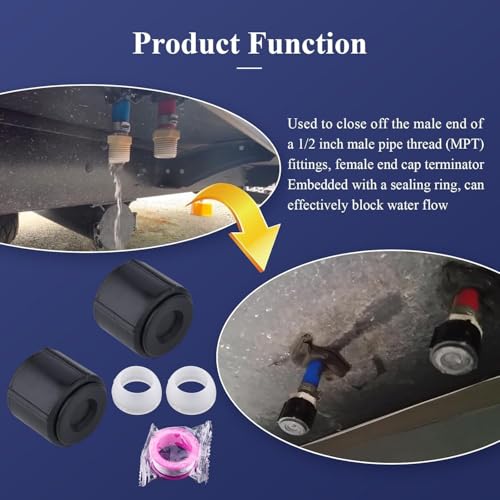 Image of 4 Pcs Black Plastic Low Point Drain Seals /Caps w /Sealing Ring & Teflon Tape | Fits RV, Camper, Travel Trailer 1 /2 Inch Hot & Cold Water Lines, Fit for Pex Pipe /Tubing Fittings, RV Accessories / Fittings