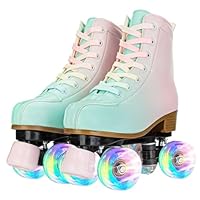 YYW Roller Skates for Girls and Women, Fantastic Gradient Pink and Green PU Leather Light Up Kids Youth Roller Skates, Indoor Outdoor, Size 33-Youth 2