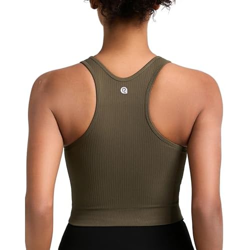 RUNNING GIRL Sports Bras for Women High Impact Seamless Ribbed Longline High Neck Workout Crop Tank Tops Padded A-army Green Large