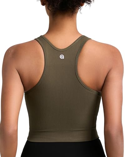 Image of RUNNING GIRL Sports Bras for Women High Impact Seamless Ribbed Longline High Neck Workout Crop Tank Tops(BX3067Army Green,M)