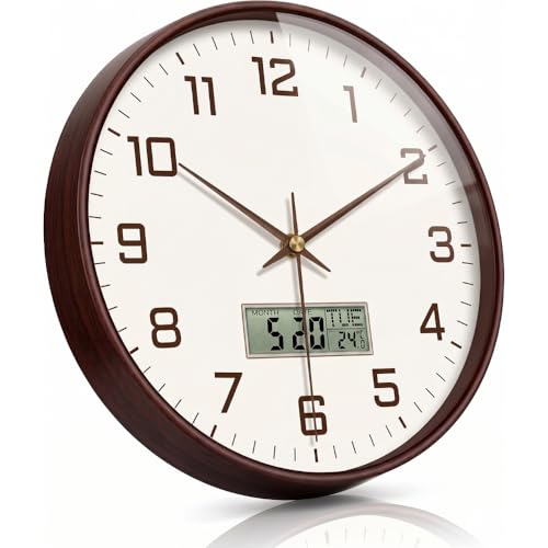 Image of ginoya brothers 12 Inch Silent Non-Ticking Silent Wall Clock, Modern Round Analog & Digital Display (Temp /Calendar) Decorative Clock, Easy to Read for Home, Living Room, Office (White-Brown Digital)