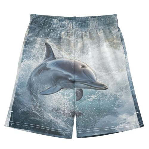 DOMIKING Sliver Dolphin Water Kids Shorts Pull-on Boys Shorts with Elastic Waist Casual Athletic Pants for Summer Outdoor