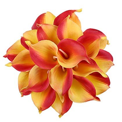 14" Real Touch Latex Calla Lily Bunch Artificial Spring Flowers for Home Decor, Wedding Bouquets, and centerpieces (20 PCS) (Yellow-Orange)