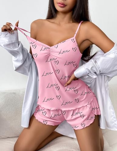 Image of Ekouaer Womens Cami Pajama Sets 2 Piece Ribbed Knit Lingerie Sleeveless Tank Top and Shorts Camisole Pjs Sleepwear