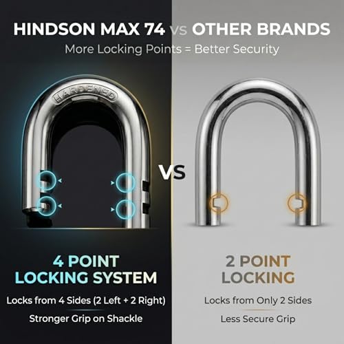 Image of HINDSON 4 Locking Heavy Duty Padlock | Lock MAX 74 | 9 Lever Steel Lock & Key | Chrome Finish Big Size 610g Approx Padlock with 4 Keys for Home, Gate & Shutter Security