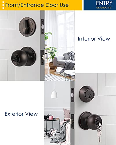 2 Pack Keyed Alike Entry Door Knob And Single Cylinder Deadbolt Lock Set Security For Entrance And Front Door, Exterior Door Lock Set With Deadbolt In Oil Rubbed Bronze Finish, Door Knob With Deadbolt #TOP3