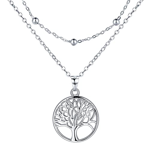 Lydreewam Arbre de Vie Collier pour Femme Argent Sterling 925 Double Chaînes Collier avec Boite Cadeau pour Noël Anniversaire Fête des mères, Réglable 40+5cm