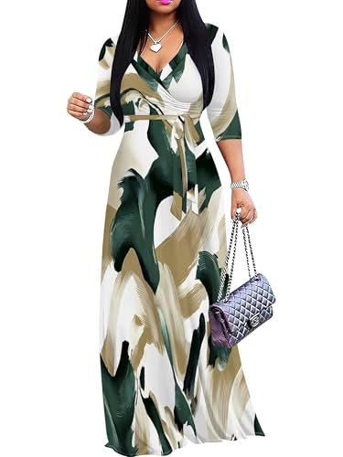 Image of PinkPatty Women's Print Maxi Dresses 3 /4 Sleeve Flowy Long Dress V Neck Wrap Tie Waist Sundress
