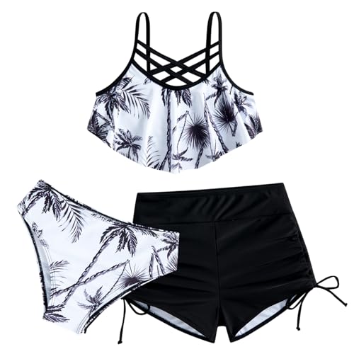 Girls Swimsuit Kids Bathing Suit 3 Pieces Bikini Set with Shorts Adjustable Swimwear 7-13 Years