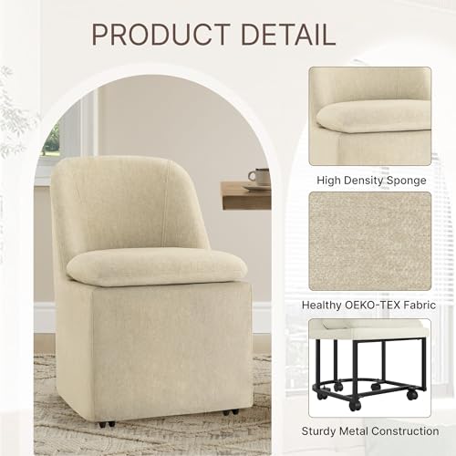 Image of KISLOT Upholstered Dining Chairs Set of 2 with Casters, Modern Side Armless Deskchair with Washable Slipcover & Sturdy Metal Frame for Diningroom Bedroom Livingroom Reading Room, Sand Fabric
