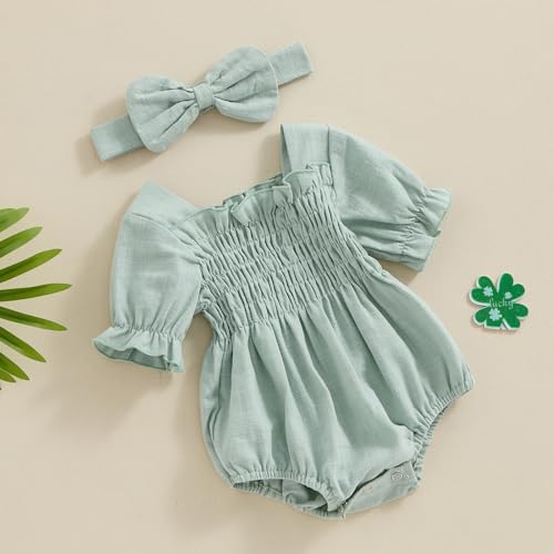 Infant Baby Girls Romper Ruffle Sleeve Pleated Smocked Bubble One Piece Ruched Jumpsuit Boho Summer Bodysuit2