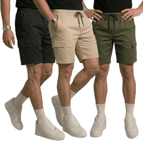 Kit 3 Bermuda Cargo Masculina Curta Streetwear casual Short Sarja Bolsos Laterais (BR, Alfa, GG, Regular, Regular, PRETO-BEGE-VERDE)