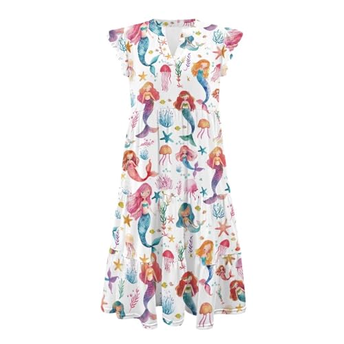 Image of Womens Summer Dress Ruffle Sleeve V Neck Dress Casual Fit Flowy Beach Vacation Sundress with Pocket S-2XL