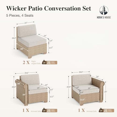 Image of HERA'S HOUSE Patio Furniture Set, All Weather 4 Seats Outdoor Sectional Wicker Sofa with Fire Pit Table, 5.5 inch Thick Waterproof Cushion Modular Conversation 6 Pieces Sofa Set for Garden Deck Backyard