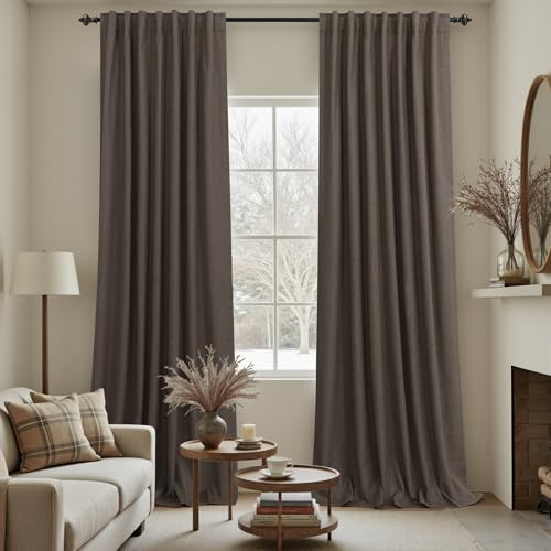 Image of KOUFALL Dark Brown Curtains 108 Inches Long Linen Blackout Room Darkening Pleated Curtains for Living Room 2 Panels Set