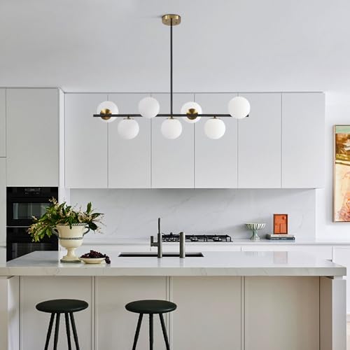 Image of KCO 43.3 inch Black Gold Linear Glass Globe Sputnik Chandelier for Dining Room | 7-light milk glass globe, mid century modern Linear Pendant, sloped ceiling compatible, for Kitchen island,living room, study