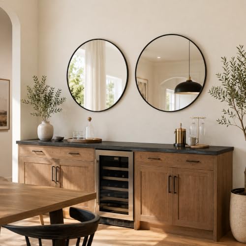 Image of USHOWER 2 Pack 24 Inch Round Bathroom Mirrors for Over Sink | Circle Mirror with Metal Frame, Black Wall Mirror Modern Decoration for Vanity, Entryway, Living Room, Hallway and Bedroom