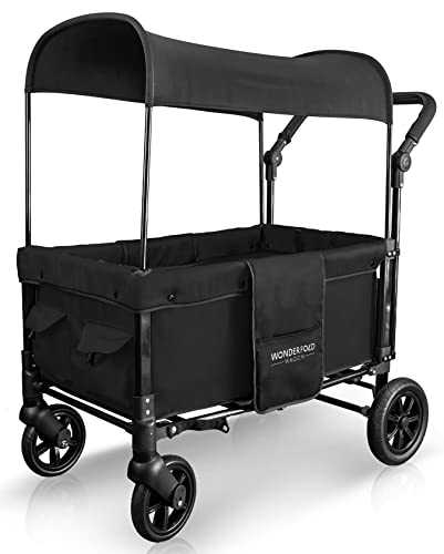 WONDERFOLD W1 Original Double Stroller Wagon Featuring 2 Face-to-Face Seats with 5-Point Harnesses, Adjustable Push Handle, and Removable UV-Protection Canopy, Jet Black