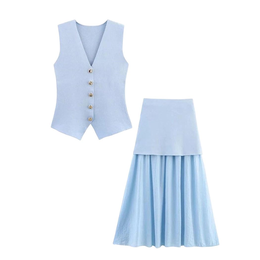 Women Elastic Slim Skirt Set Sleeveless Top Two Piece Elegant Holiday Streetwear Summer Outfit