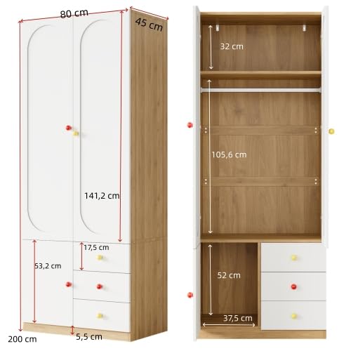 Merax Armadio con cassetti per cameretta dei bambini, bianco, finitura laccata, con asta appendiabiti e manici in ceramica colorata, 80 × 45 × 200 cm, armadio piccolo per vestiti per bambini