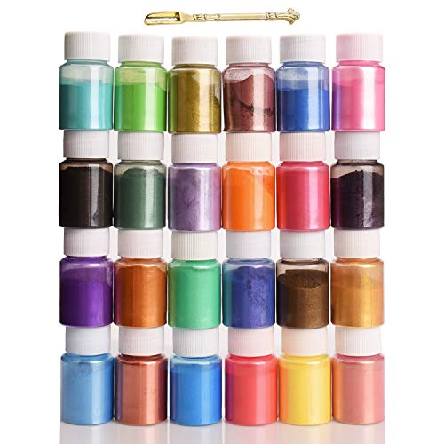 Epoxy Resin Color Pigment - 24 Color x 10g Mica Powder Epoxy Resin Dye - Cosmetic Grade Slime Coloring for Soap Making Supplies - Pure Soap Dye Colorant for Bath Bomb, Nail Art, Paint - 240g Total