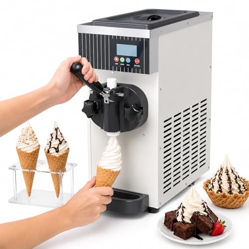 HCAUYNN Máquina de Helado Comercial, Máquina de Helado Monosabor con Compresor de 450W, 80-100 Conos/H, Control LCD Inteligente White-220V