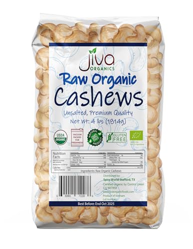 Organic Raw Cashews 4 Lb Large Bag, Gluten-Free, Non-Gmo, Vegan, Whole Raw Nuts, Unsalted, Unroasted, Crunchy & Healthy Snack, For Baking & Cooking By Jiva Organics