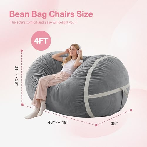 Image of 4FT Bean Bag Chair 4'Big Bean Bag Chairs with Adults, Large Beanbag Chair | Bean bag Lounger with Machine Washable Cover Dutch Velvet Fabric, Comfy Chairs for Living Room, Bedroom, Dorm, Lightgrey