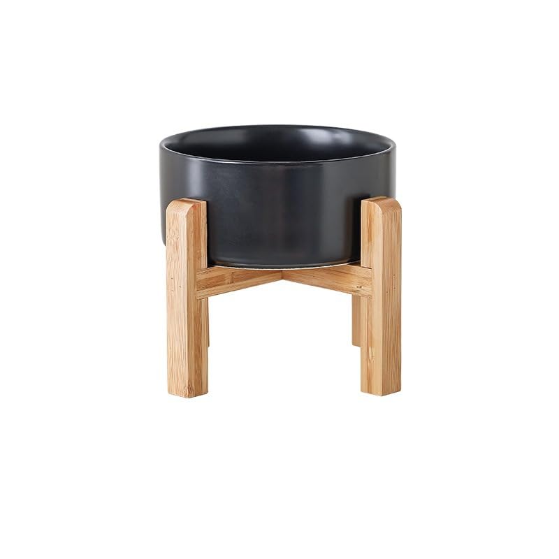 PWRco Elevated Cat Bowls SMALL 13cm 395ml– Raised Ceramic Puppy Cat Bowl with Non-Slip Bamboo Stand Single Twin Food Water Feeding Station Anti Vomit Dishwasher Safe Black White Grey (Single/Black)
