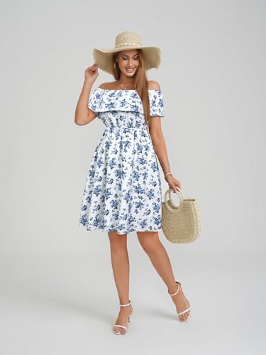 Image of Womens Off Shoulder Ruffle Floral Wedding Guest Dresses A Line Shift Short Skater Dress