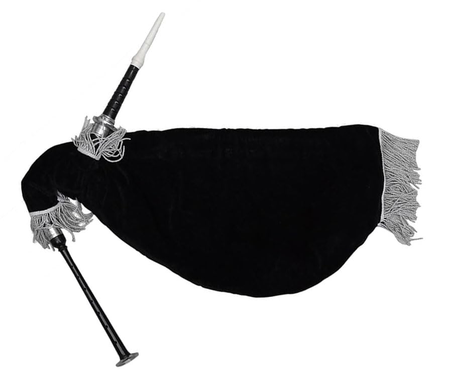 Dudelsack zum Üben von Gänsen, silberfarbene Halterungen, schwarzer Samtbeutel, schottischer Dudelsack, 2 Chanter Blätter, Palisander-Schwarz