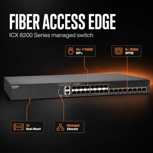 Image of Ruckus ICX8200-24FX Managed Switch, 16x 1 /10GbE SFP+ Fiber, 8x 25GbE SFP28 Uplinks - Stackable Enterprise Switch, 3-Yr Remote TAC Included, TAA Compliant