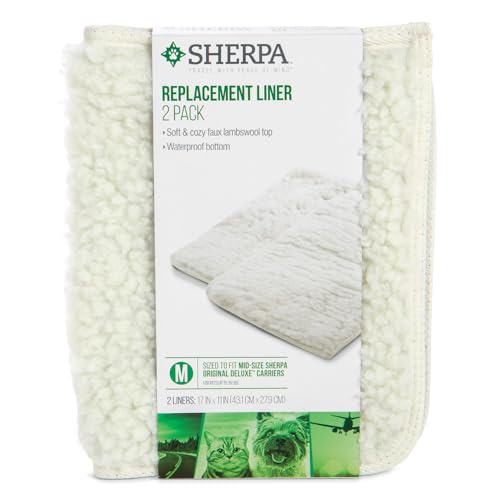 Sherpa Replacement Liners for Travel Pet Carriers - Soft Absorbent Cat & Dog Kennel Pad with Waterproof Backing, Machine Washable Crate Pads, 16.5x11.25in - 2 Pack, White, Medium