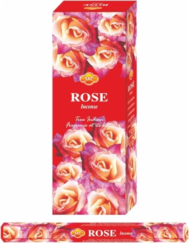 AROMASENSES | Incienso Rosa Sac | Pack de Incienso, Caja de 6 Tubos Hexagonales con 20 Varillas | Notas Florales, Dulces y Frescas | Fomenta el Amor, la Paz y la Armonía | Hecho en La India