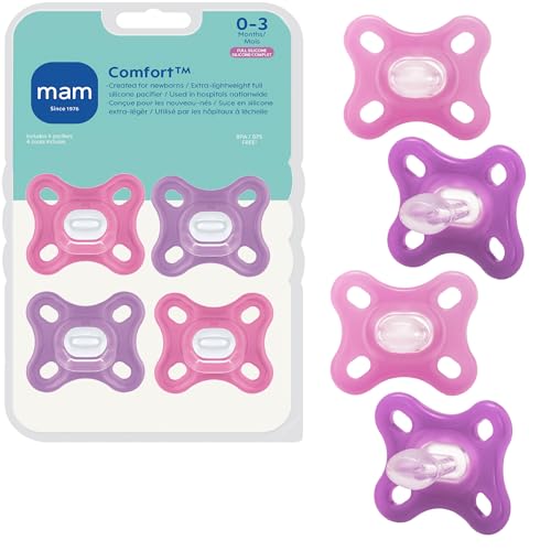 Image of MAM Comfort Baby Pacifiers 0-3 Months Newborns, Lightweight One-Piece Full Silicone Binky, BPA-Free Nipple, Easy to Clean Pacifier, Best for Breastfed Babies, 4 Count, Sterilizer Case, Made in Europe