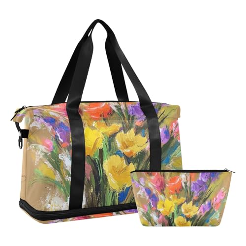 Retro Flowers with Color Oil Painting Feel Travel Duffel Bag Shoulder Weekender Overnight Bag with Toiletry Bag for Trekking Waterproof