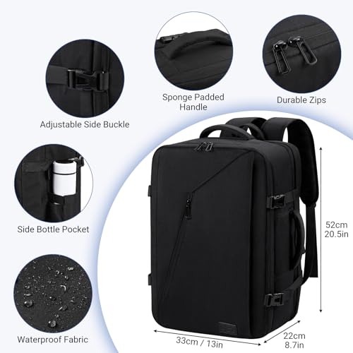 Star Cloud Handgepäck Rucksack, 40L Groß Reiserucksack Kofferrucksack Flugzeug Tasche, Travel Backpack Carry On Luggage für 17 Zoll Laptop, Reisetasche Koffer Herren Damen Cabin Bag für Reise, Schwarz