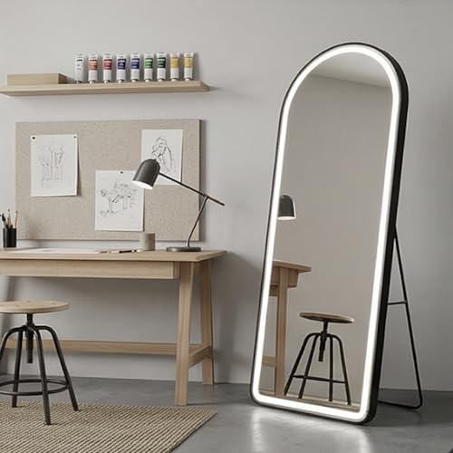 Image of The Artment Black Halo Arch LED Full-Length Unbreakable Mirror,Modern Floor Mirror with Touch Sensor,Dimmable Lighting,Slim Metal Frame, Freestanding or Wall-Leaning (160 x 50 CM)