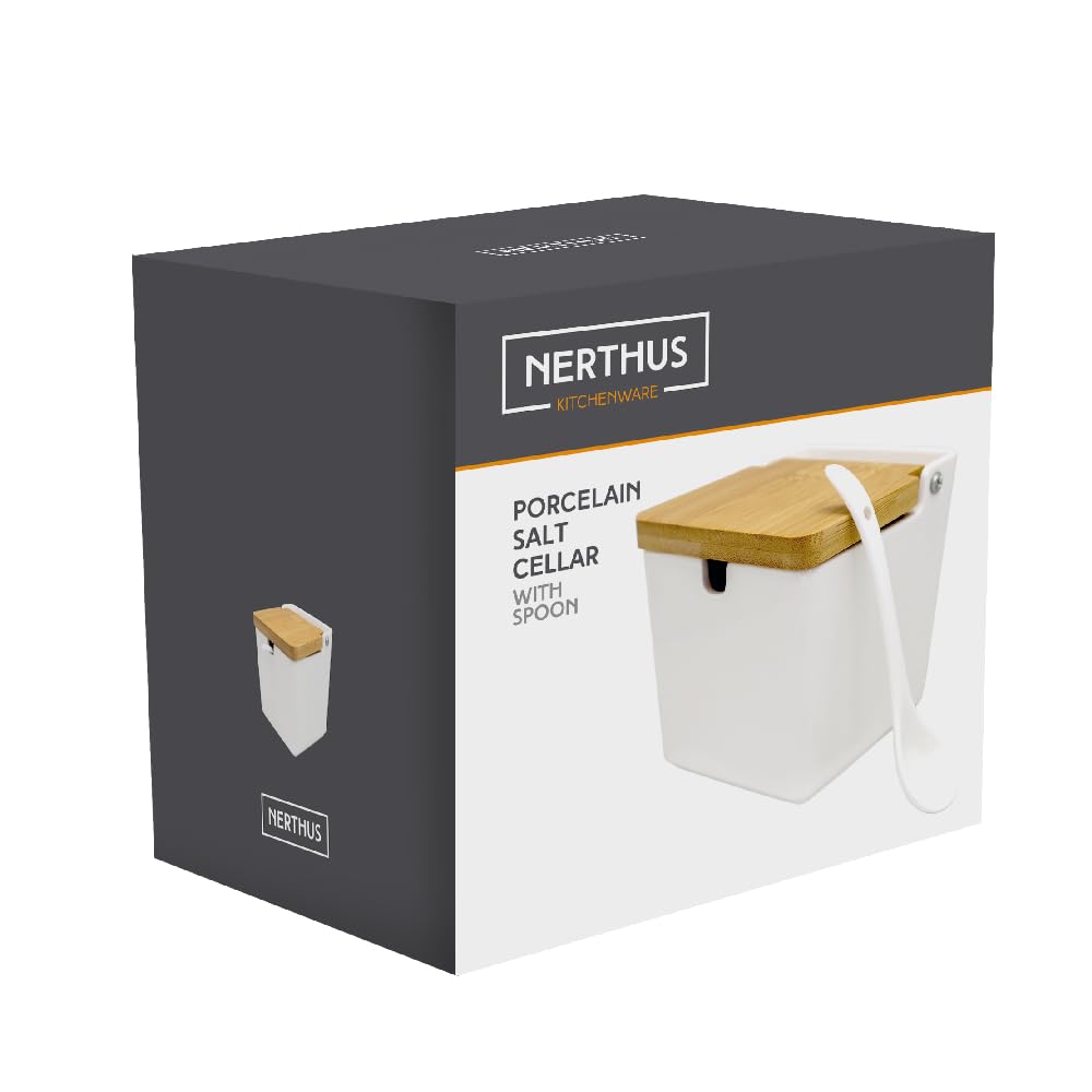 NERTHUS FIH 1335 salière porcelaine carrée grande avec couvercle bois et cuillère cuisine table