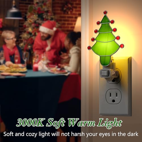 Image of Stained Glass Christmas Tree Night Light Plug into Wall for Home | Stained Glass Chrome Pretty Night Lights Plug in,7W Warm Light Decorative Accent Nightlight Gift for Grandkids Christmas