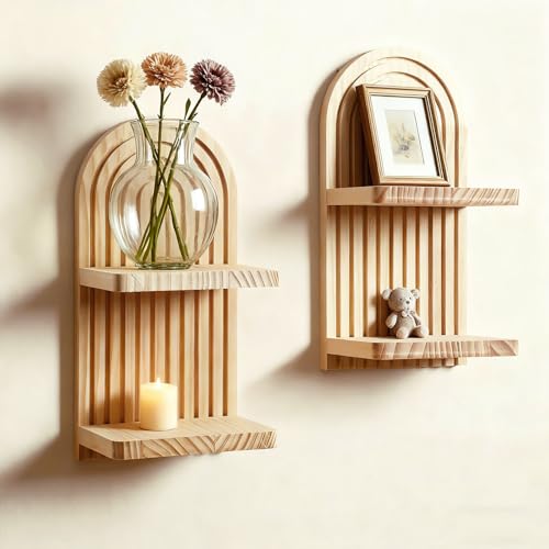 Artilady 2 Pack Boho Wall Hanging Shelves - 2 Tier Handmade Rainbow Arch Solid Wood Floating Shelf Wall Decor Trinket Storage Rack for Bedroom Living Room Nursery Bathroom